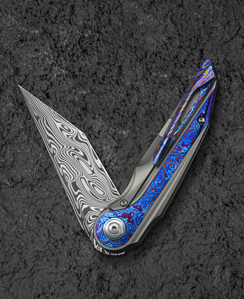BESTECH BLIND FURY BT2303G Grey Titanium Timascus Inlay Handle: 3.62" Damasteel Blade