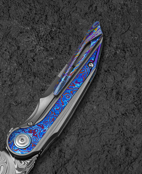 BESTECH BLIND FURY BT2303G Grey Titanium Timascus Inlay Handle: 3.62" Damasteel Blade