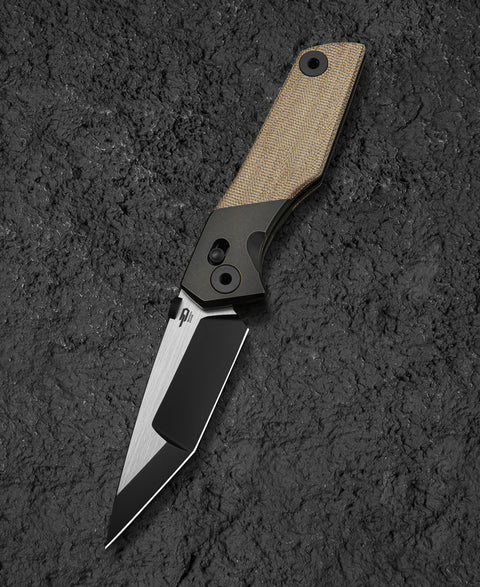 BESTECH CETUS BT2304B Black Bronze Titanium Natural Canvas Micarta Inlay: 3.94" Black PVD Horizontal Satin M390 Blade