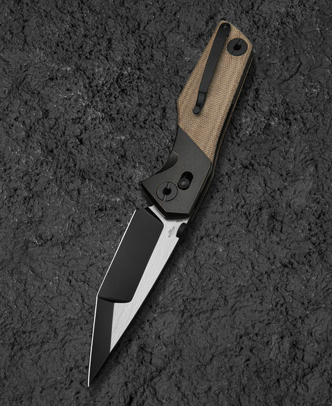 BESTECH CETUS BT2304B Black Bronze Titanium Natural Canvas Micarta Inlay: 3.94" Black PVD Horizontal Satin M390 Blade