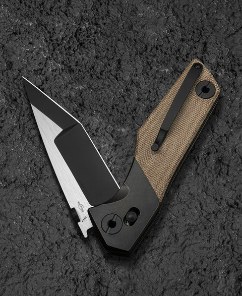 BESTECH CETUS BT2304B Black Bronze Titanium Natural Canvas Micarta Inlay: 3.94" Black PVD Horizontal Satin M390 Blade