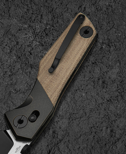 BESTECH CETUS BT2304B Black Bronze Titanium Natural Canvas Micarta Inlay: 3.94" Black PVD Horizontal Satin M390 Blade