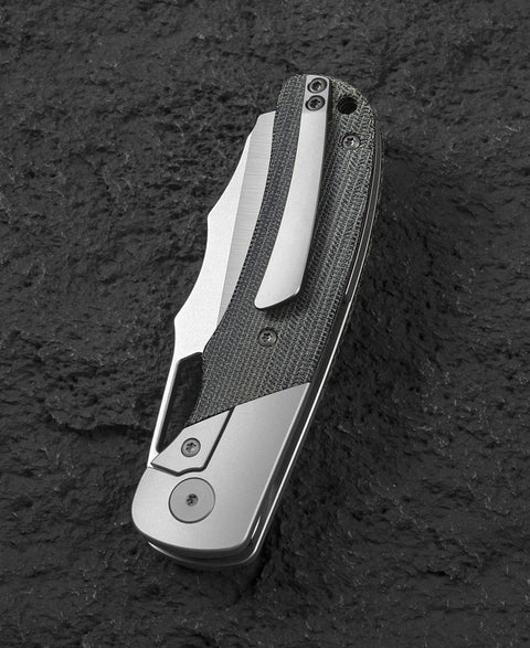 BESTECH SYN BT2306B Titanium Black Canvas Micarta Inlay Handle: 3.57" Hand Rubbed Stonewash Finish Hand Rubbed Satin Elmax Blade