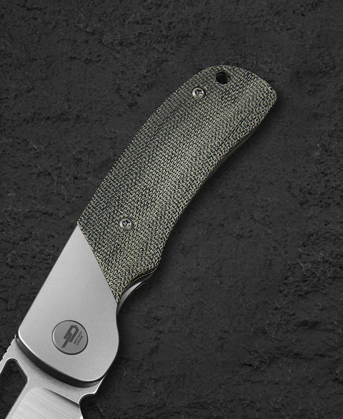 BESTECH SYN BT2306B Titanium Black Canvas Micarta Inlay Handle: 3.57" Hand Rubbed Stonewash Finish Hand Rubbed Satin Elmax Blade