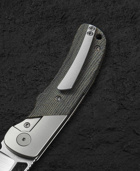 BESTECH SYN BT2306B Titanium Black Canvas Micarta Inlay Handle: 3.57" Hand Rubbed Stonewash Finish Hand Rubbed Satin Elmax Blade