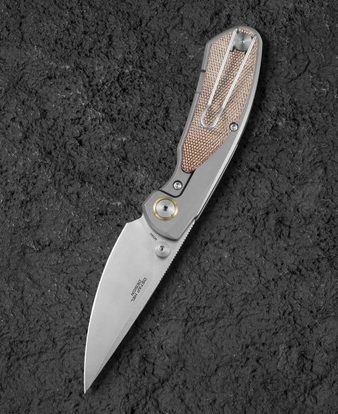 BESTECH LITO BT2307B Titanium+Natural Canvas Micarta Inlay Handle: 2.7" M390 Blade