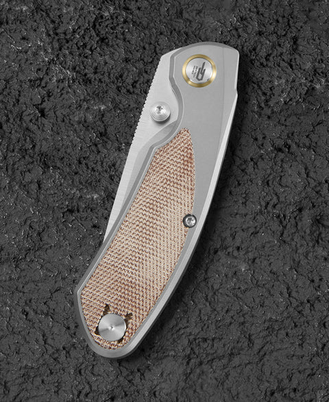 BESTECH LITO BT2307B Titanium+Natural Canvas Micarta Inlay Handle: 2.7" M390 Blade