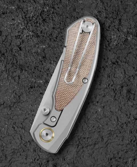 BESTECH LITO BT2307B Titanium+Natural Canvas Micarta Inlay Handle: 2.7" M390 Blade