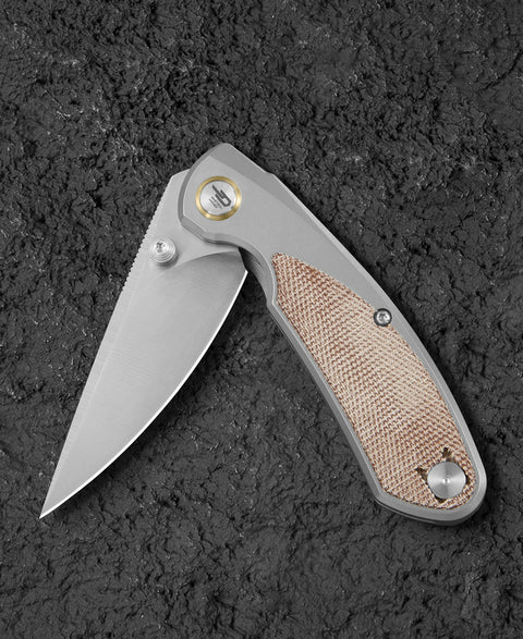 BESTECH LITO BT2307B Titanium+Natural Canvas Micarta Inlay Handle: 2.7" M390 Blade