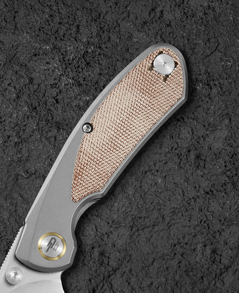 BESTECH LITO BT2307B Titanium+Natural Canvas Micarta Inlay Handle: 2.7" M390 Blade