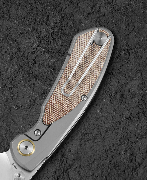 BESTECH LITO BT2307B Titanium+Natural Canvas Micarta Inlay Handle: 2.7" M390 Blade