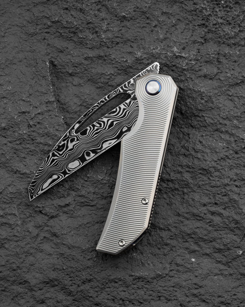 BESTECH TAIPAN BT2503G Titanium Handle: 3.73" Flat Grind Damasteel Blade Frame Lock