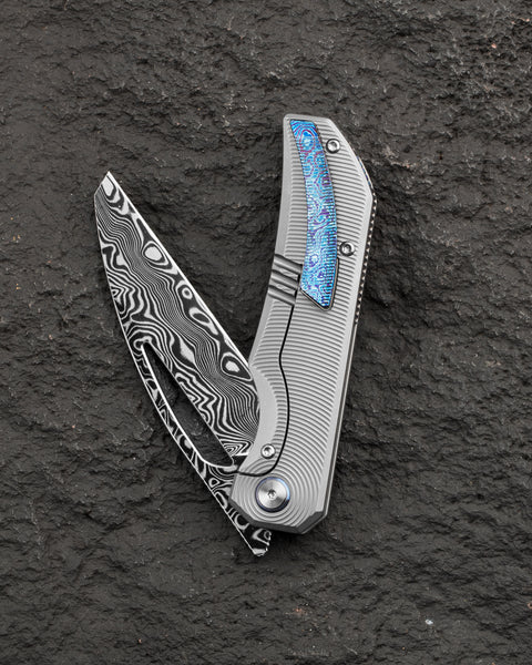 BESTECH TAIPAN BT2503G Titanium Handle: 3.73" Flat Grind Damasteel Blade Frame Lock