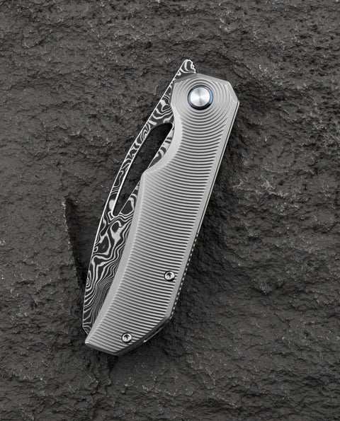 BESTECH TAIPAN BT2503G Titanium Handle: 3.73" Flat Grind Damasteel Blade Frame Lock