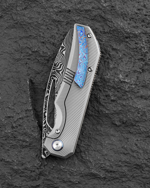 BESTECH TAIPAN BT2503G Titanium Handle: 3.73" Flat Grind Damasteel Blade Frame Lock