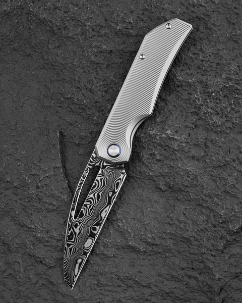 BESTECH TAIPAN BT2503G Titanium Handle: 3.73" Flat Grind Damasteel Blade Frame Lock