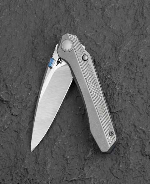 BESTECH WET NELLIE BT2505E Titanium Handle: 3.53" MC Blade Button Frame Lock, Timascus Clip, Timascus Thumb Studs