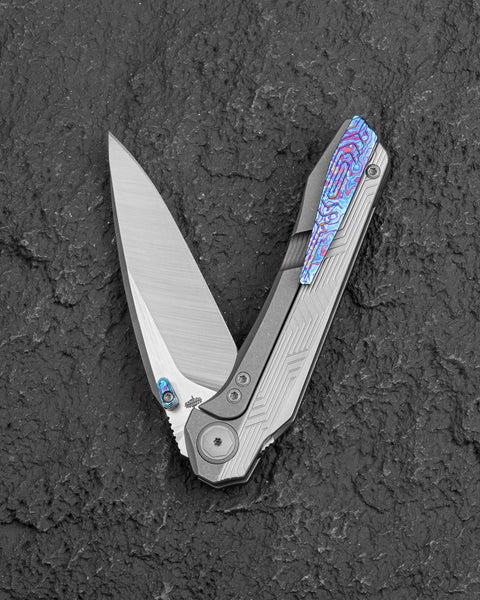 BESTECH WET NELLIE BT2505E Titanium Handle: 3.53" MC Blade Button Frame Lock, Timascus Clip, Timascus Thumb Studs