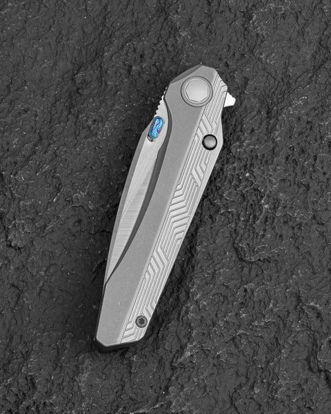 BESTECH WET NELLIE BT2505E Titanium Handle: 3.53" MC Blade Button Frame Lock, Timascus Clip, Timascus Thumb Studs