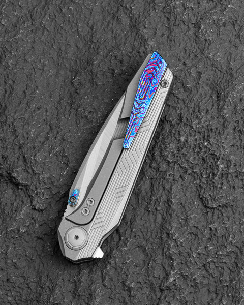 BESTECH WET NELLIE BT2505E Titanium Handle: 3.53" MC Blade Button Frame Lock, Timascus Clip, Timascus Thumb Studs