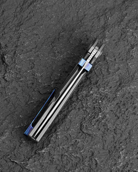 BESTECH WET NELLIE BT2505E Titanium Handle: 3.53" MC Blade Button Frame Lock, Timascus Clip, Timascus Thumb Studs