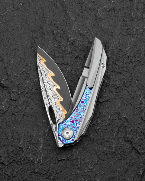 BESTECH SENU BT2601E Titanium with Timascus Inlays Handle: 3.48" Futuron Forge Elmax Core-Copper Line BoomBap pattern Damascus Blade Frame Lock