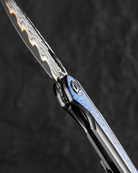 BESTECH SENU BT2601E Titanium with Timascus Inlays Handle: 3.48" Futuron Forge Elmax Core-Copper Line BoomBap pattern Damascus Blade Frame Lock