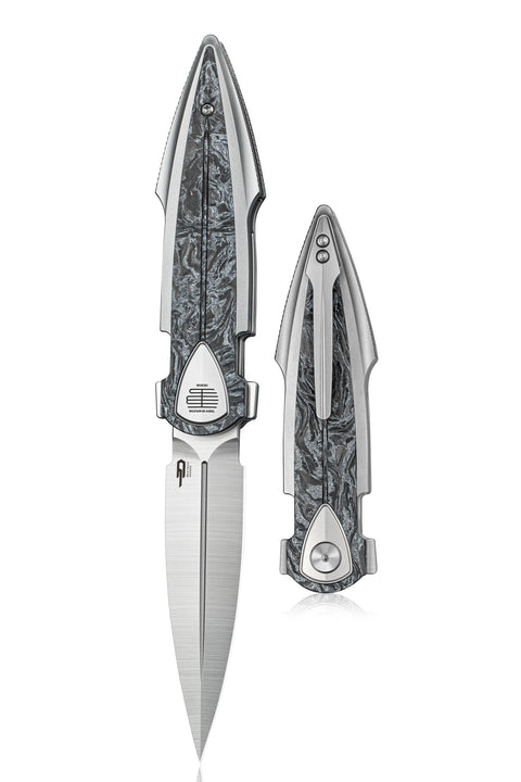 BESTECH IKA DAGGER BT2602A Titanium + Silver Marble Carbon Fiber Inlays Handle: 3.90" M390 Blade, Liner Lock, Integral Knife