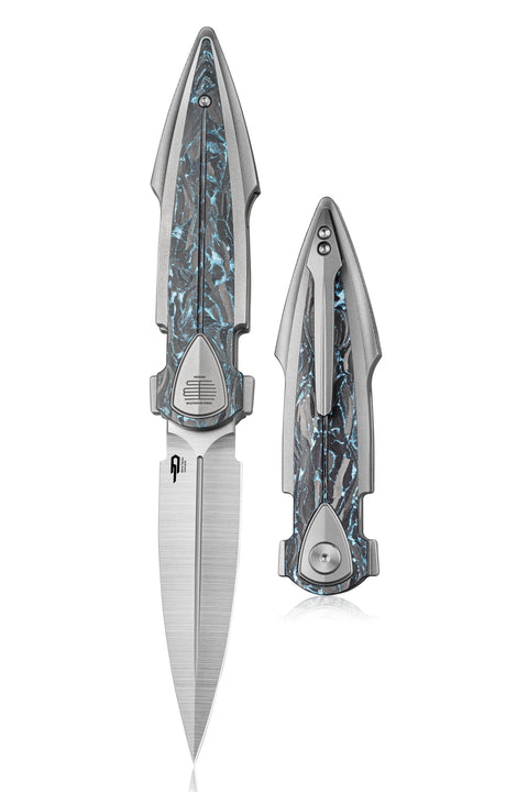 BESTECH IKA DAGGER BT2602B Titanium + Blue Marble Carbon Fiber Inlays Handle: 3.90" M390 Blade, Liner Lock, Integral Knife