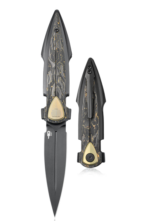BESTECH IKA DAGGER BT2602E Titanium + Gold Marble Carbon Fiber Inlays Handle: 3.90" M390 Blade, Liner Lock, Integral Knife