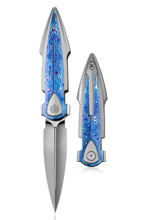 BESTECH IKA DAGGER BT2602G Titanium + Timascus Inlays Handle: 3.90" M390 Blade, Liner Lock, Integral Knife