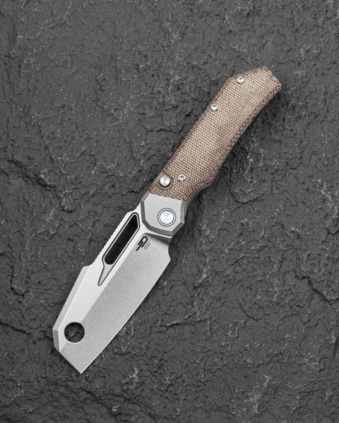 BESTECH NYRRDREKI BT2607A Titanium with Micarta Inlays Handle: 3.08" M390 Blade, Thumb Hole, Front Flipper with Button Bolster Lock, Hollow Grind