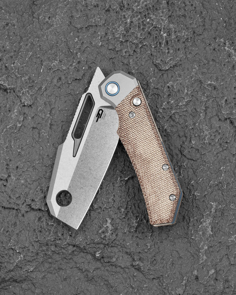 BESTECH NYRRDREKI BT2607A Titanium with Micarta Inlays Handle: 3.08" M390 Blade, Thumb Hole, Front Flipper with Button Bolster Lock, Hollow Grind