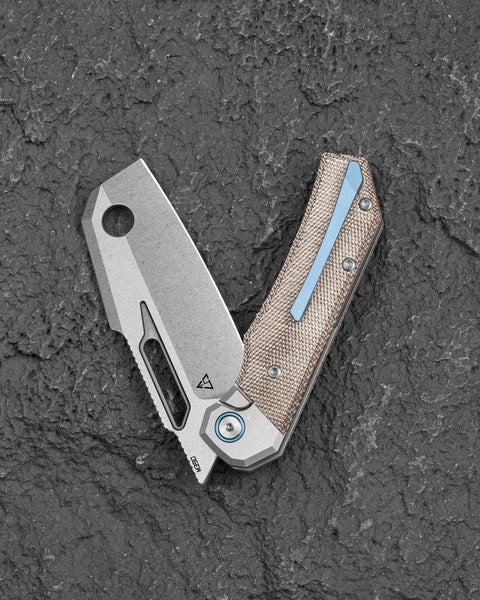 BESTECH NYRRDREKI BT2607A Titanium with Micarta Inlays Handle: 3.08" M390 Blade, Thumb Hole, Front Flipper with Button Bolster Lock, Hollow Grind