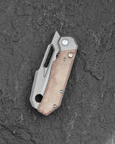 BESTECH NYRRDREKI BT2607A Titanium with Micarta Inlays Handle: 3.08" M390 Blade, Thumb Hole, Front Flipper with Button Bolster Lock, Hollow Grind