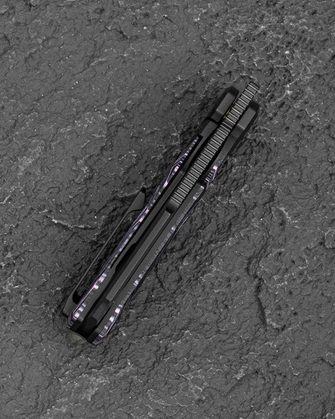 BESTECH NYRRDREKI BT2607B Titanium with G10 Inlays Handle: 3.08" M390 Blade, Thumb Hole, Front Flipper with Button Bolster Lock, Hollow Grind