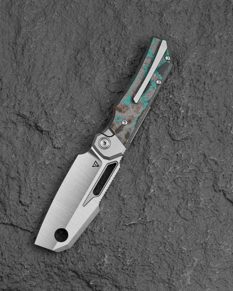 BESTECH NYRRDREKI BT2607C Titanium with Shipwreck Camo Carbon Inlays Handle: 3.08" M390 Blade, Thumb Hole, Front Flipper with Button Bolster Lock, Hollow Grind