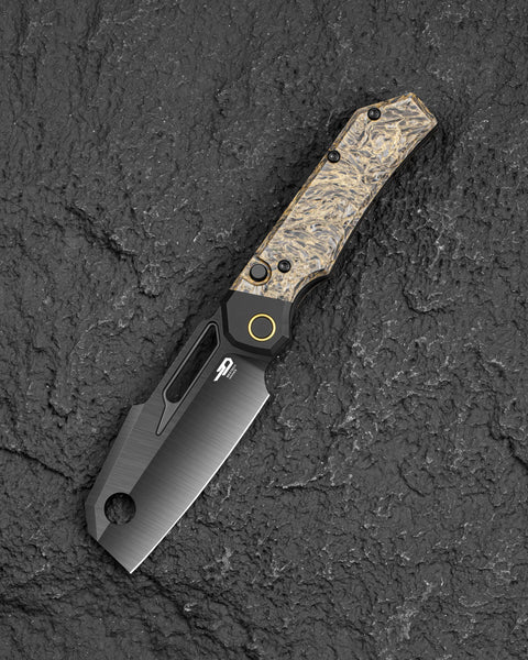 BESTECH NYRRDREKI BT2607D Titanium with Dark Matter Gold Fatcarbon Inlays Handle: 3.08" M390 Blade, Thumb Hole, Front Flipper with Button Frame Lock, Hollow Grind