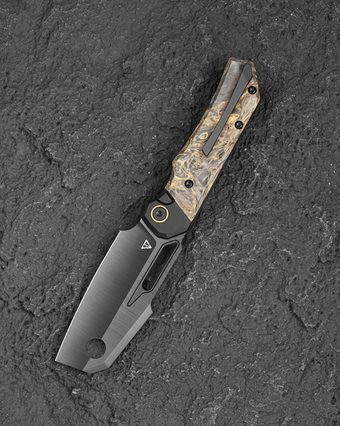 BESTECH NYRRDREKI BT2607D Titanium with Dark Matter Gold Fatcarbon Inlays Handle: 3.08" M390 Blade, Thumb Hole, Front Flipper with Button Frame Lock, Hollow Grind