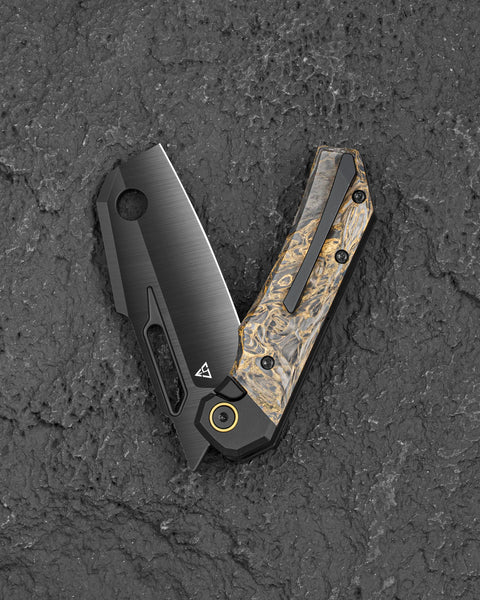 BESTECH NYRRDREKI BT2607D Titanium with Dark Matter Gold Fatcarbon Inlays Handle: 3.08" M390 Blade, Thumb Hole, Front Flipper with Button Frame Lock, Hollow Grind
