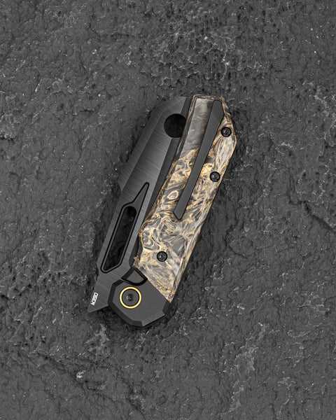 BESTECH NYRRDREKI BT2607D Titanium with Dark Matter Gold Fatcarbon Inlays Handle: 3.08" M390 Blade, Thumb Hole, Front Flipper with Button Frame Lock, Hollow Grind