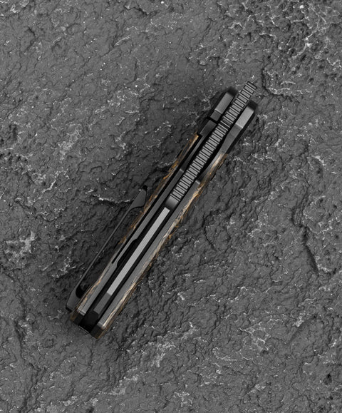 BESTECH NYRRDREKI BT2607D Titanium with Dark Matter Gold Fatcarbon Inlays Handle: 3.08" M390 Blade, Thumb Hole, Front Flipper with Button Frame Lock, Hollow Grind
