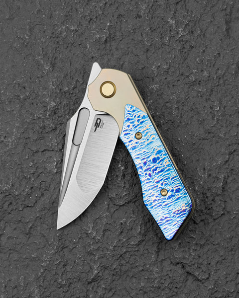 BESTECH DACTYL BT2608C Titanium with Flamed Titanium Inlays Handle: 2.98" MC Blade, Fuller, Front Flipper with Bolster Frame Lock, Hollow Grind