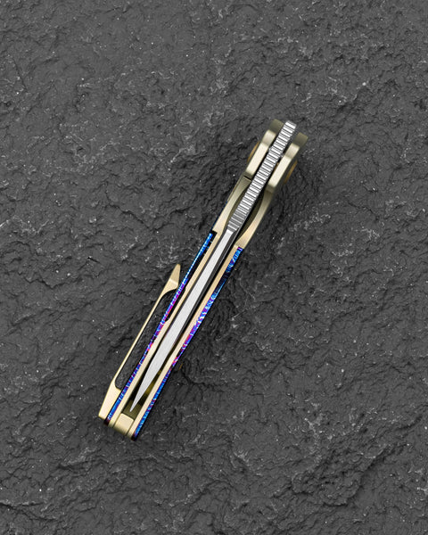 BESTECH DACTYL BT2608C Titanium with Flamed Titanium Inlays Handle: 2.98" MC Blade, Fuller, Front Flipper with Bolster Frame Lock, Hollow Grind